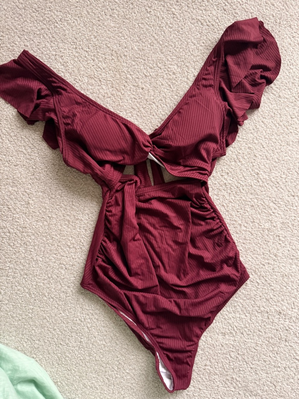 Amazon Maternity Burgundy Ribbed One-Piece Swimsuit with Ruffle Sleeves